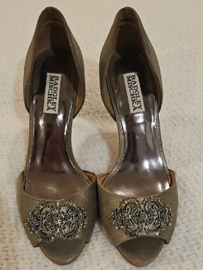 Badgley Mischka Metallic Pewter D'Orsay Peep-Toe Heels with Jeweled Appliqué